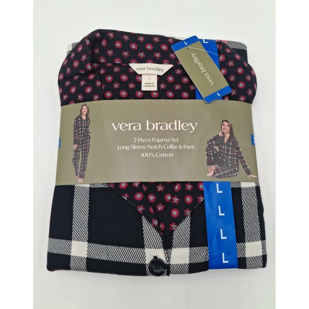 Vera Bradley Pajama Set 2 Piece Plaid Button Down Red Black Cotton Women Large